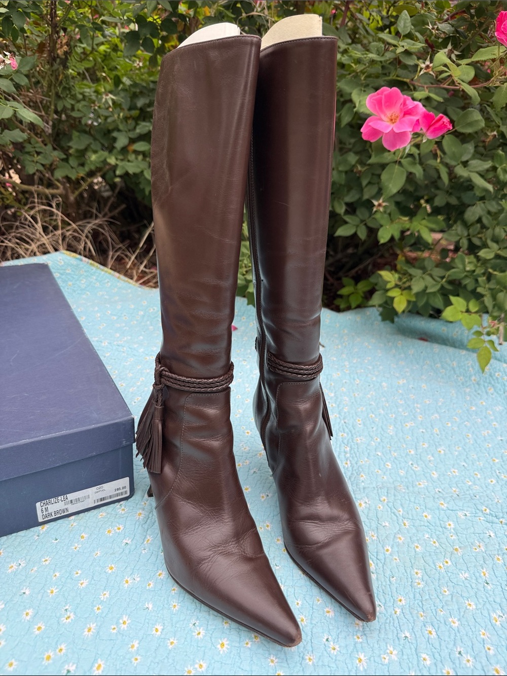 Faconnable Dark Brown Tall Pointed-Toe Leather Knee Boots with Tassel